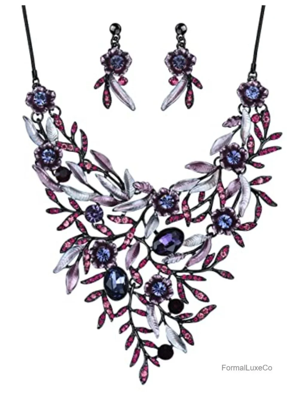 Women's Vintage Crystal Flower Statement Bib Necklace & Earrings Set Jewelry,